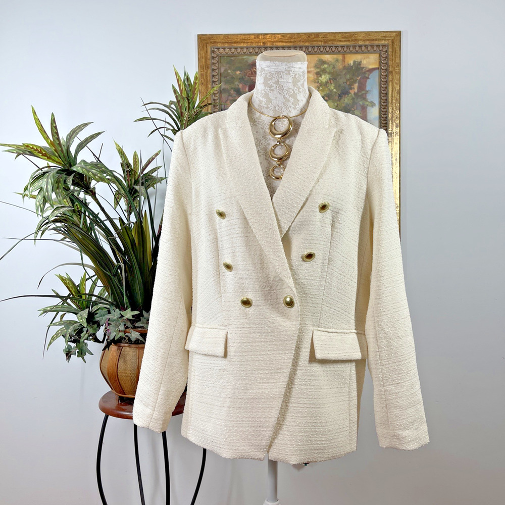 Nine West Womens Blazer Large Ivory Tweed Double Breasted Gold Button Jacket